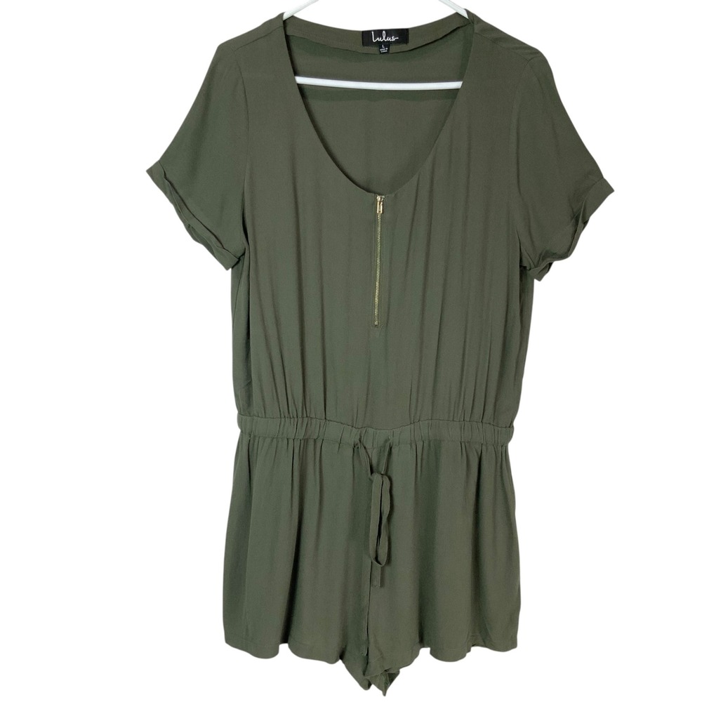 Lulus Olive Green Short Sleeve Romper Shorts Scoop Neck Zipper Drawstring Size L